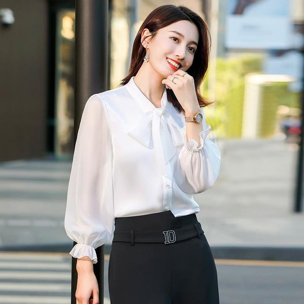

women's blouses & shirts black bow chiffon shirt 2021 spring fashion, White