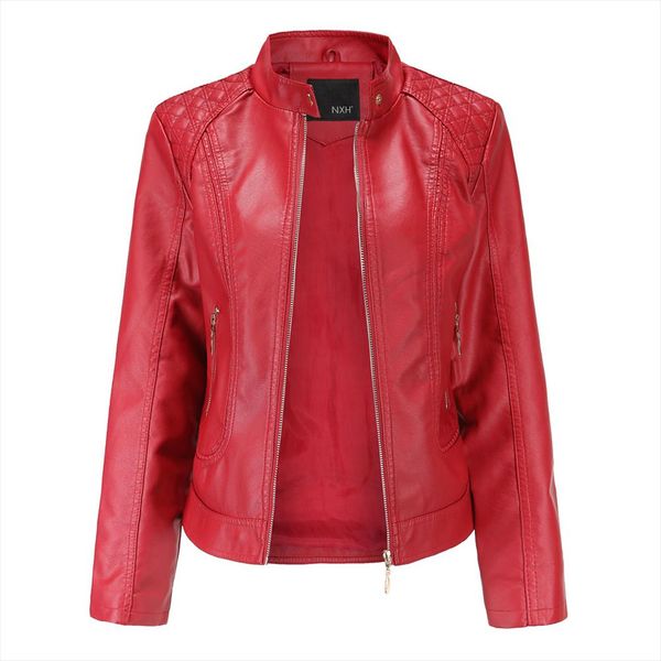 

2020 leather jacket women zippers pu leather jacket mandarin collar womens faux red biker women, Black