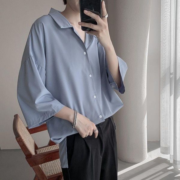 

summer dress shirt men's fashion solid color business casual shirt men streetwear loose korean short-sleeved mens -2xl, White;black