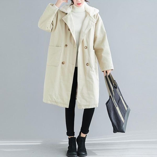 

fairynatural ladies retro thick coat button pockets 2021 spring autumn winter new long sleeve women turtleneck fleece trench, Tan;black