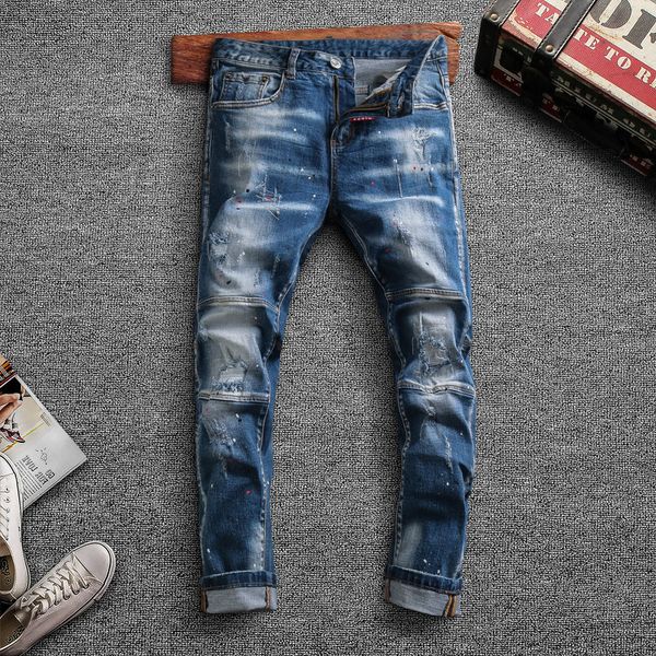 

2021 new italian style fashion men jeans blue elastic slim fit ripped denim trousers streetwear spliced designer hip hop biker pants a3il