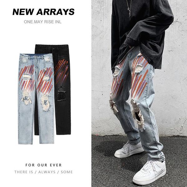 

men's harem pants man straight autumn new casual jeans mans 2021 korean collage hip hop korean streetwear holes skinny jeans, Blue