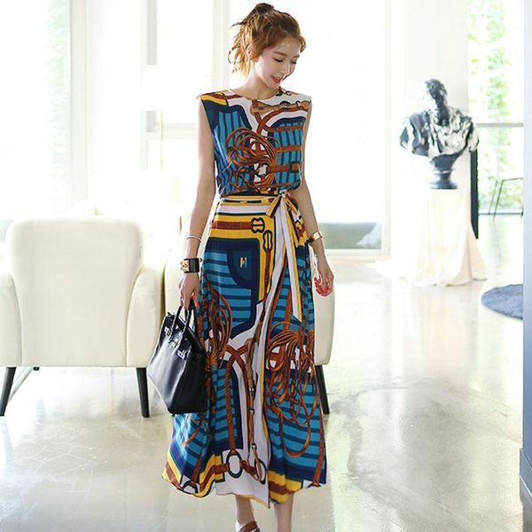 

new fashion designer 2 piece set women's sleeveless vintage printed chiffon dovetail shirt lace-up long skirts 2pcs set1, Gray
