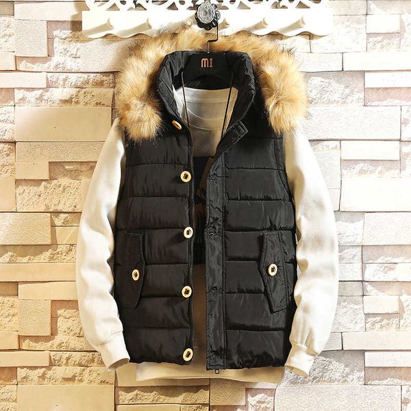 

autumn winter new cotton men's cantilevered outdoor vest with thick hair collar and slim fashion, Black;white