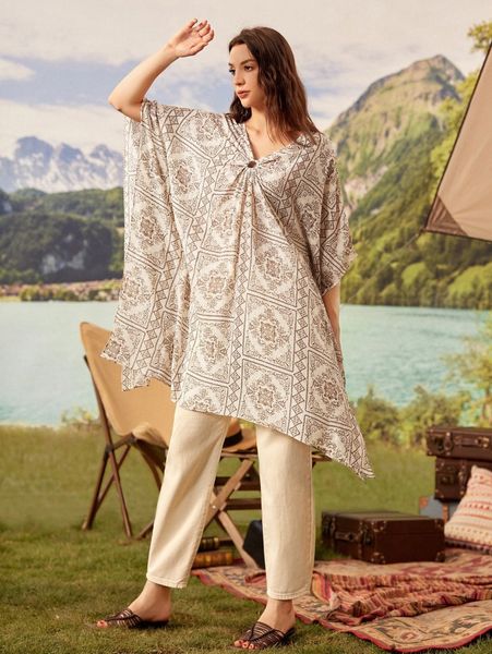 

allover scarf print batwing sleeve ruched detail cover up k4uj#, White;black