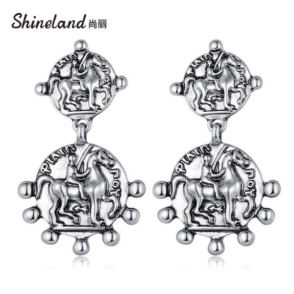 

dangle & chandelier shineland vintage trendy zinc alloy coin portrait pendant drop earrings charms ethnic women brincos oorbellen 2021, Silver