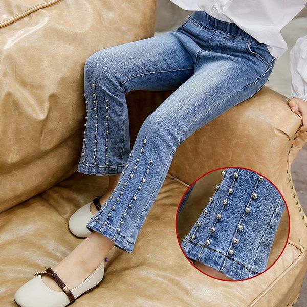 

spring summer girls jeans baby denim trousers kids flare pants children bottoms fashion striped silver rivet 4-14 yrs, Blue