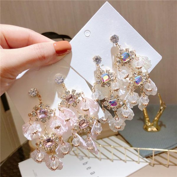 

korean fashion new cute tassel dangle earring jewelry silver color needle leaves big crystal drop earrings for women accessories
