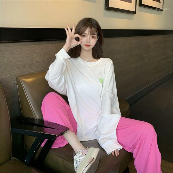 

2pcs white shirt pink pants sports fashion suit 2020 summer new sunscreen shirt casual wide-leg pants women's suit1