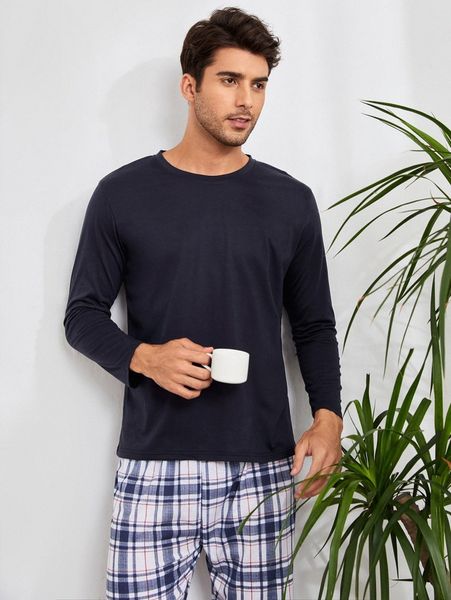 

men solid crew neck lounge tee r6fh#, Black;brown