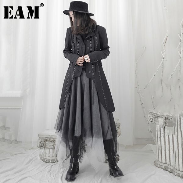 

[eam] women black ribbon asymmetrical long trench new lapel long sleeve loose fit windbreaker fashion tide spring 1t698 201102, Tan;black