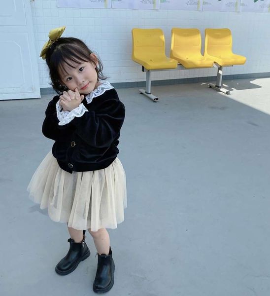 

girls' lace leun foreign winter children's plush cardigan coat princs sle short sweater, Black