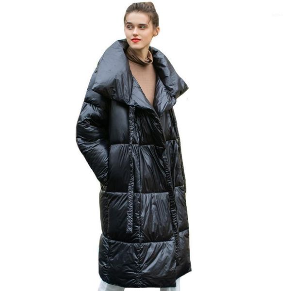 

2020 winter women long jacket belt shiny thick oversized female coat stand collar solid loose cotton padded casual woman parkas1, Black