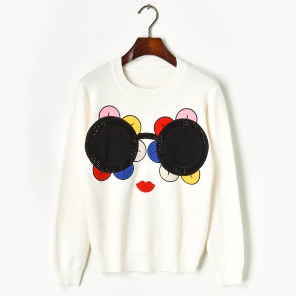 

2021 new streetwear of cartoons sun flower runway pull femme sunglass glitter stone well made winter sweaters women sweater p6rx, White;black