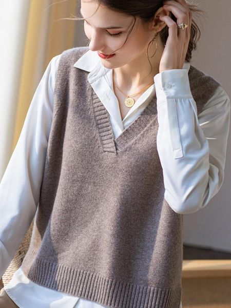 

women's tracksuits wool knit sweater vest women v-neck loose short sleeveless shoulder thick autumn/winter cashmere worn outside., Gray