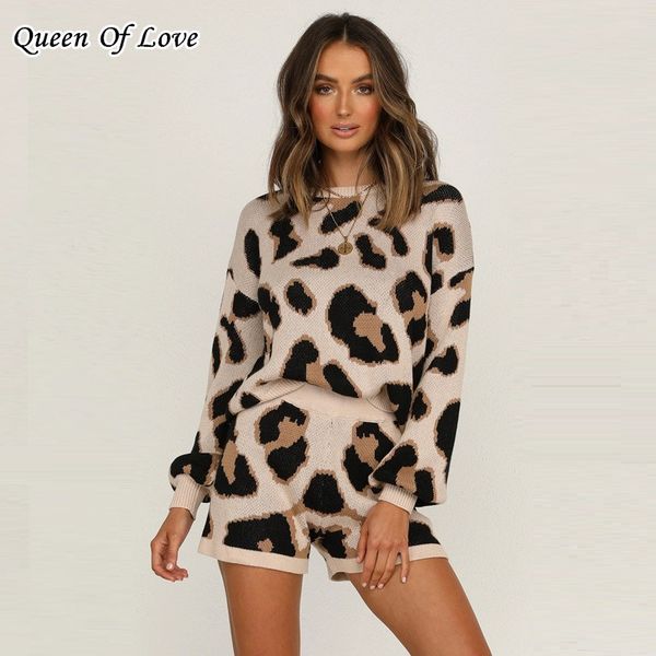 

autumn winter fashion elegant knitted shorts matching sets casual 2 piece set women leopard sweater short pant suit 201119, White