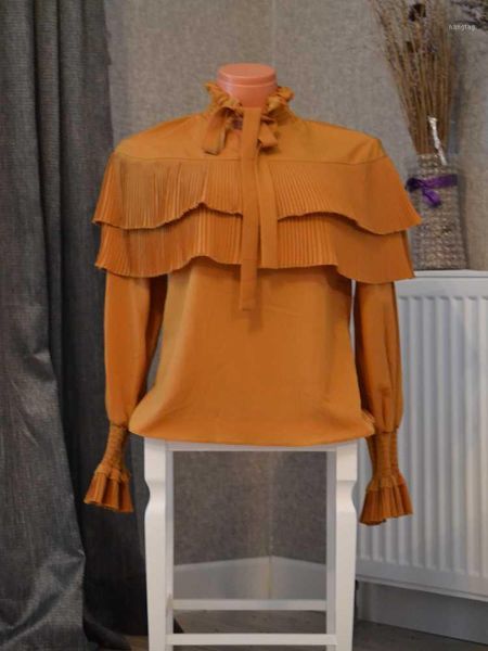 

women's 2020 crepe collar tieable frilly mustard color girl's shirt lady's fashion blouse female comfortable modern1, White