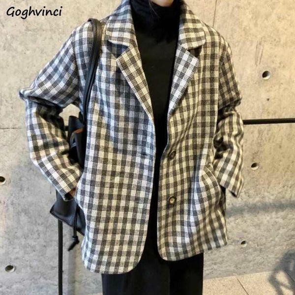 

women blazers plaid temperament loose casual chic single breasted notched retro korean style pocket all-match female sweet daily1, White;black