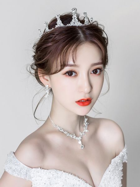 

bridal headdress, necklace, earrings, three piece set, women's net red same crown, super immortal atmosphere wedding dress crown, Silver