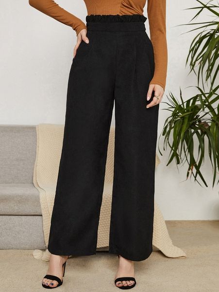

frill trim plicated detail wide leg pants h6it#, Black;white