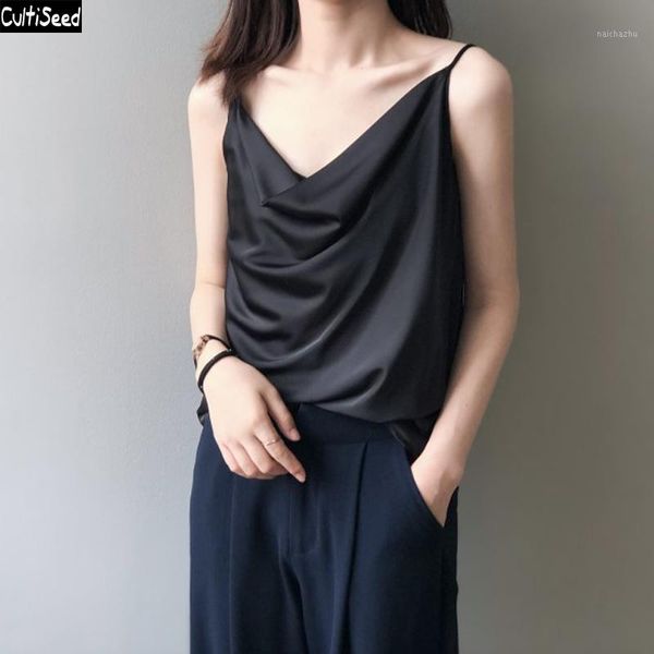 

women camis 2020 new fashion spaghetti strap strapless basic tank ladies fake silk satin solid casual camis tees1, White