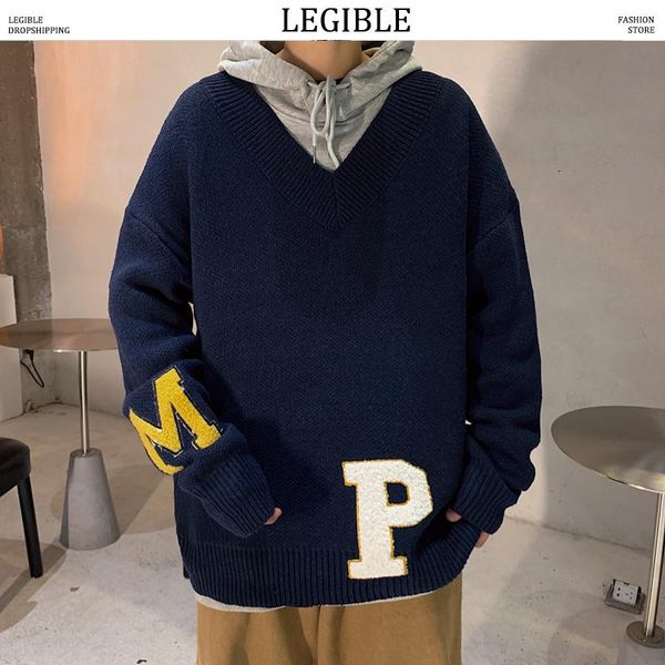 

legible v neck collar loose sweaters men autumn winter solid pullovers mens korean fashion loose mens sweater, White;black