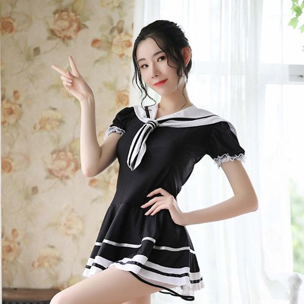 

women's sleepwear mousse nightdress woman lingerie lace sloth japanese college style dress sailor suit uniform temptation black1, Black;red