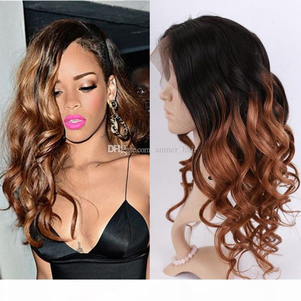 

ombre colored 2t#1b #30 human hair lace front wigs body wave two tone virgin hair full lace wig natural hairline, Black;brown