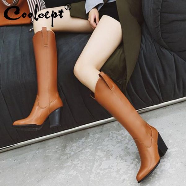 

coolcept knee high boots for women fashion daily walk square heel shoes women patchwork vintage daily female botas size 34-43, Black