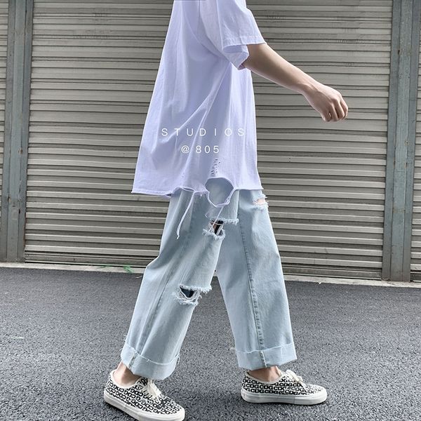 

dmu9u perth jeans new summer pants ripped loose casual straight pants trendy nine-point jeans and 2020 beggar men's for men 3ose6, Blue