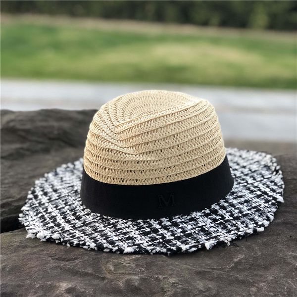 

summer women hat jazz cap houndstooth straw beach sun hat with bow tie female fashion cowboy hats, Blue;gray