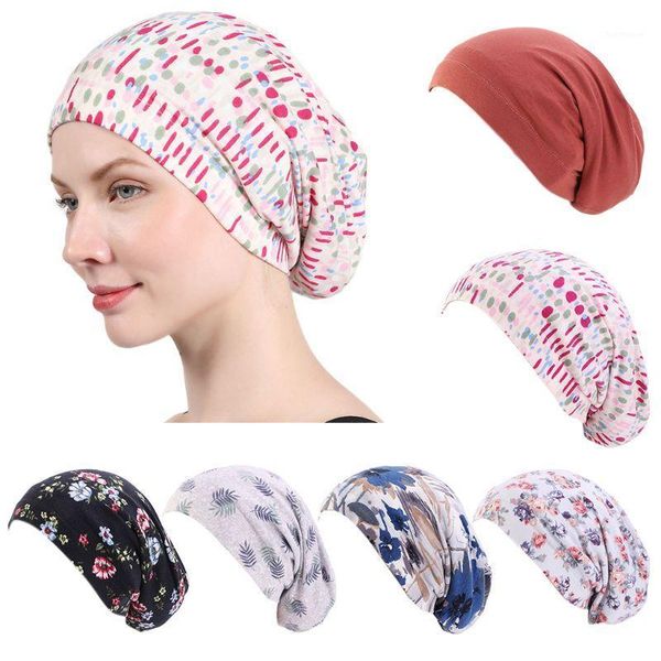 

women satin lined sleep cap solid color floral print hair loss chemo headwrap elastic wide band slouchy beanie slap hat1, Blue;gray