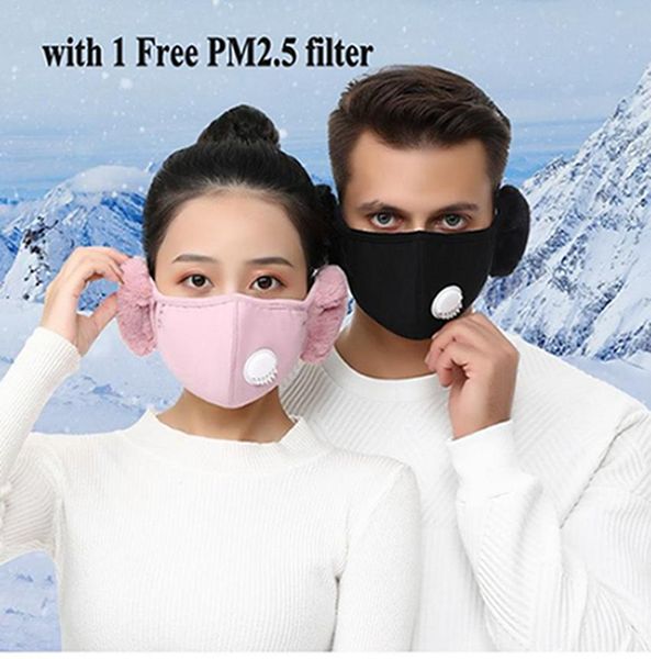 

теплый 2 в 1 face mask cover с плюшевые ухо защитная маска рм2,5 толстые мода открытый рот маски зимний рот-муфельные earflap iia827