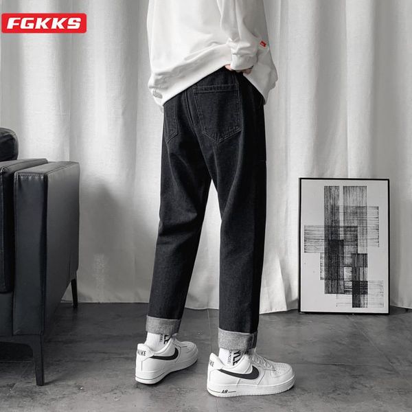 

men's jeans fgkks brand men retro autumn solid color slim wild pencil pants trendy casual male, Blue