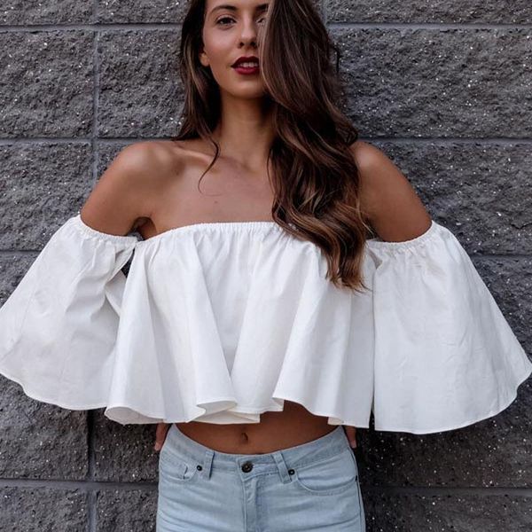 

new stylish spring summer women ladies flare sleeve off shoulder solid tank shirts crop cropped pullovers blouse costume, White