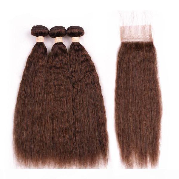 

#4 chocolate brown coarse yaki human hair lace front closure 4x4 with weaves medium brown malaysian kinky straight human hair bundles deals, Black