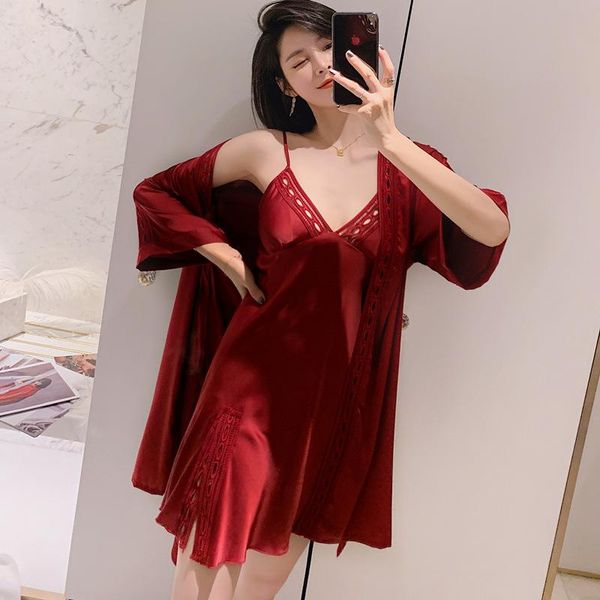 

women's sleepwear silk satin nightgown suits 2pcs ladies suspender v-neck dress spring summer morning gown with chest cushion el bathro, Black;red