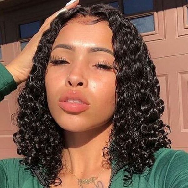 

bob lace front human hair wigs with perruque bop lace frong wig human hair for women water wave curly wig, Black;brown