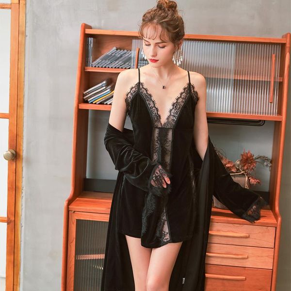 

women's sleepwear gold velvet pajamas women spring two piece set nightwear lace rayon female elegant robe feminino eb50sq, Black;red