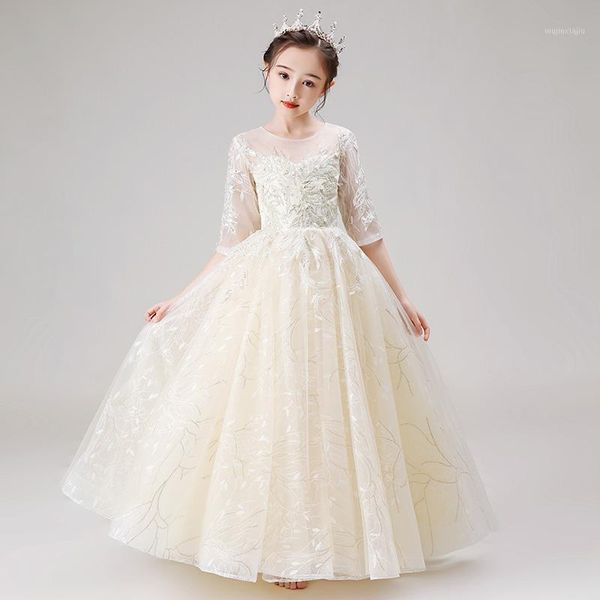 

girl's dresses flower girl ball gown o-neck sequined tulle embroidery floor-length beading pearls luxury princess kids party dress d164, Red;yellow