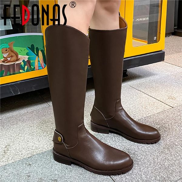 

boots fedonas winter women's shoes 2021 est genuine leather thick heels knee high autumn office lady working slim long, Black