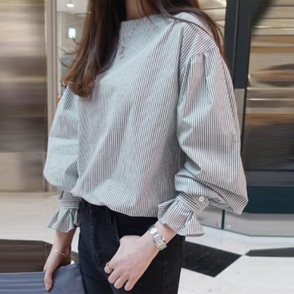 

stripe round neck lantern sleeve pullover women blouse korean spring autumn long sleeve office ladies causal shirts tee, White