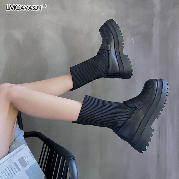 

lmcavasun ботильоны женские 2020 осень мотоцикл сапоги толстые пятки платформы обувь женщина носок, Black