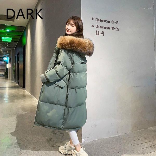 

dark]real s2020 new down jacket mid-length loose waist quilted jacket student padded female winter bread1, Black
