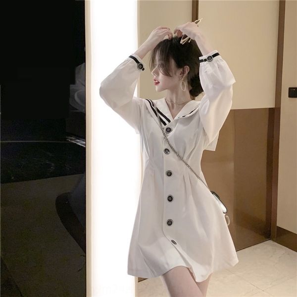 

fl19627 spring new korean foreign style girl dress small girl navy collar stripe high waist long sleeve dress vjyn9, Black;gray