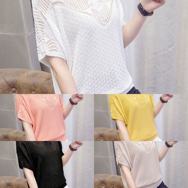 

ice silk hollow out short sleeve spring and summer 2020 new women's knitted bottoming thin bat pullover pullover sleeve t-shirt xmrq, White;black