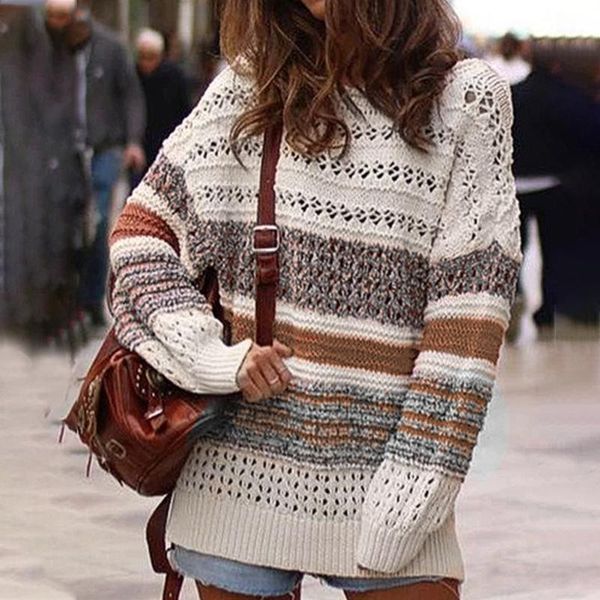 

office loose knitted soft autumn winter women sweater polyester warm crew neck hollowing out long sleeves striped casual daily1, White;black