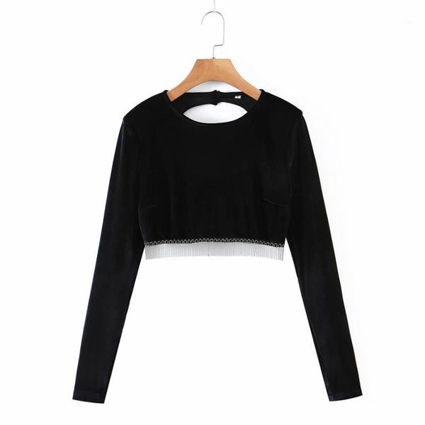 

women solid slim velvet shirts 2020 fashion ladies chic backless short elegant female streetwear beading tassel blouse1, White