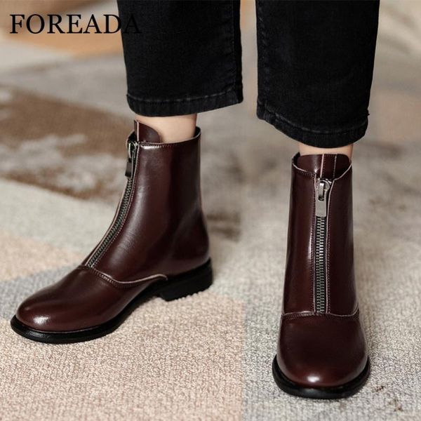 

foreada med heel woman boots natural genuine leather ankle boots block heel short zip female shoes autumn winter black 40