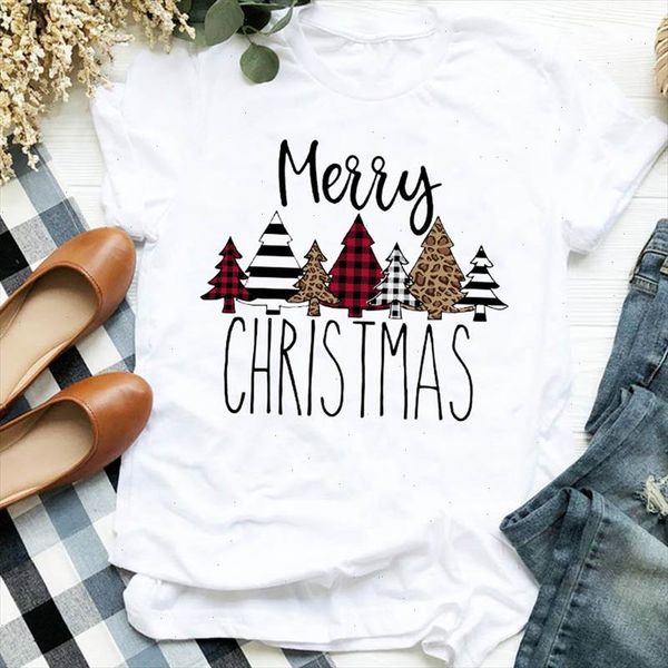 

women lady striped tree cartoon cute 90s short sleeve merry christmas tshirt female graphic clothes shirt t tee t shirt, White